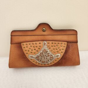 G Series Clutch Women's Cognac Pebbled Leather Studded Purse Handbag Unique Boho